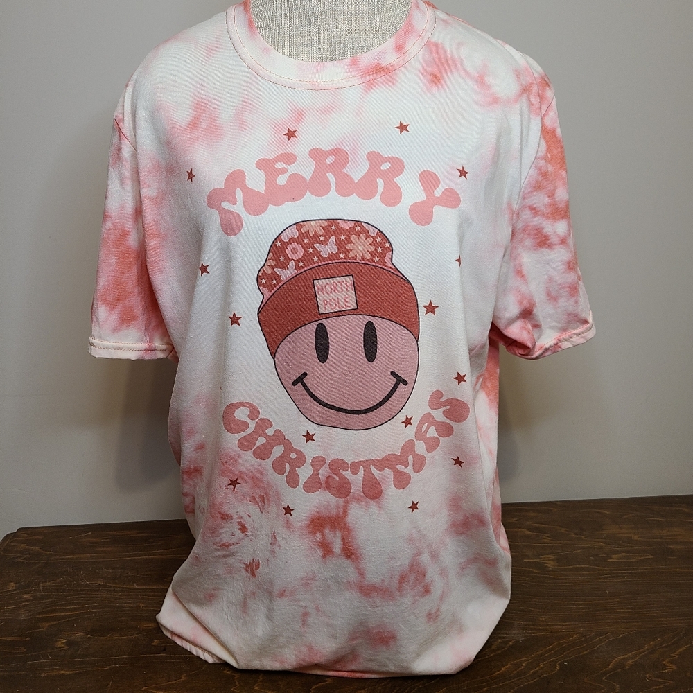 NWT Large Pink Handmaid Bleached Smiley Face Christmas Tee